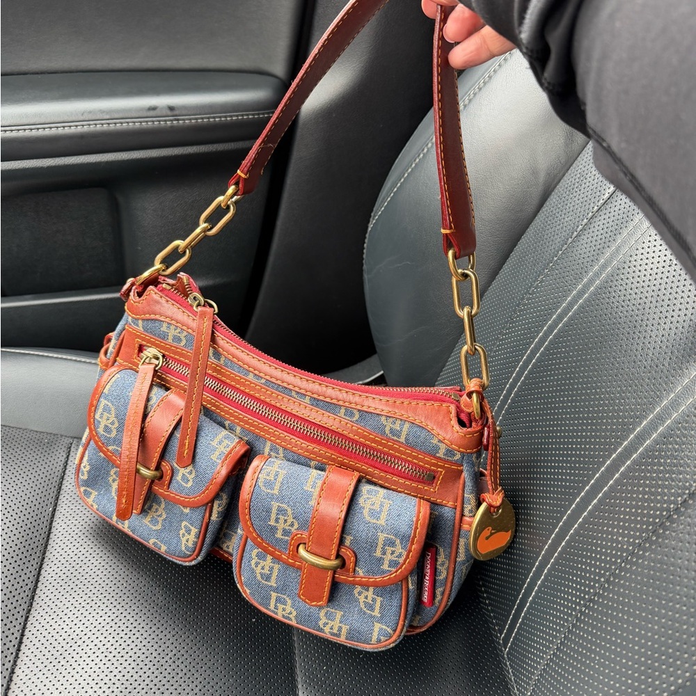 Vintage Denim Dooney and Burke Monogram Shoulder Bag with Brown Leather Trim